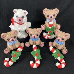 Vintage Ceramic Christmas Teddy Bear and Candy Cane Figurines/Stocking Holders